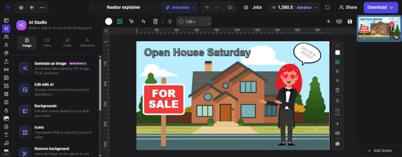 AI Studio open on the Image tab with Generate an image, Edit with AI, Backgrounds, Icons and Remove background
