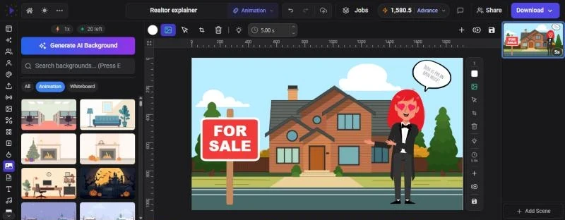 The Background panel with illustrated room and outdoor scenes and a Generate AI Background button