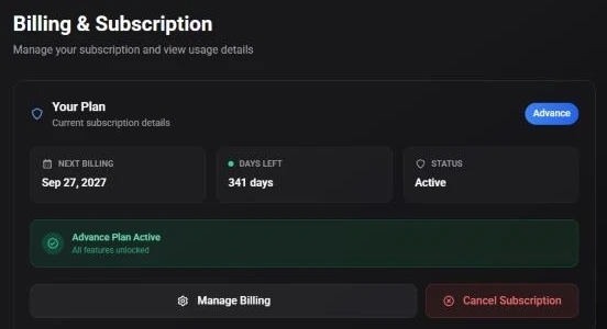 The Your Plan card on the Billing page with the next billing date, days left, status, Manage Billing and Cancel Subscription