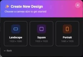 The canvas size step with Landscape, Square and Portrait options