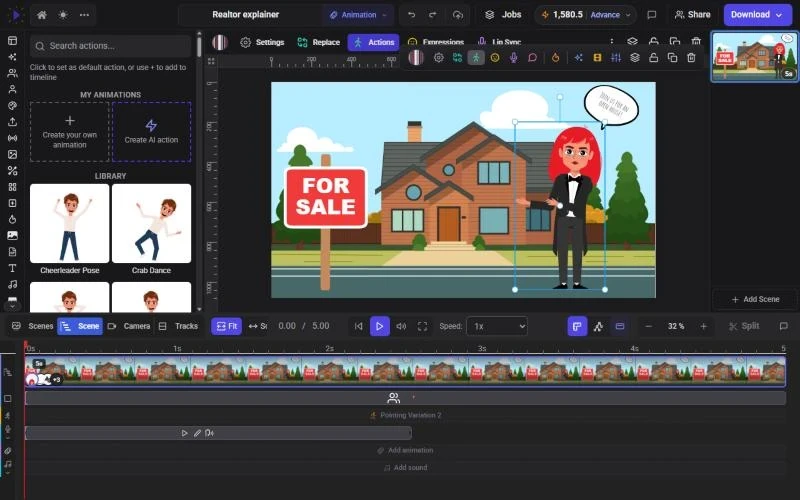 The Actions panel with Create your own animation and Create AI action tiles above the action library, next to the selected presenter character