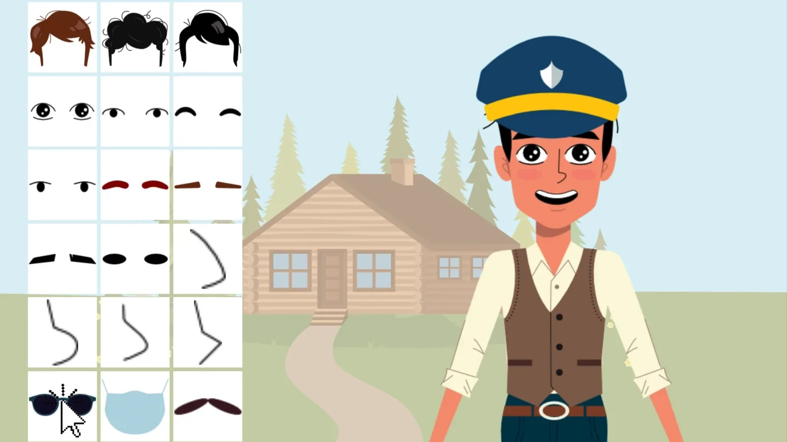 A character in a police cap and waistcoat next to a grid of hair, eye, brow, nose and accessory options