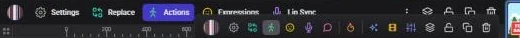 The toolbar of a selected character with Settings, Replace, Actions, Expressions and Lip Sync buttons
