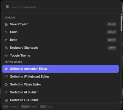 The command palette listing Save Project, Undo, Redo, Keyboard Shortcuts and the editor mode commands with their shortcuts