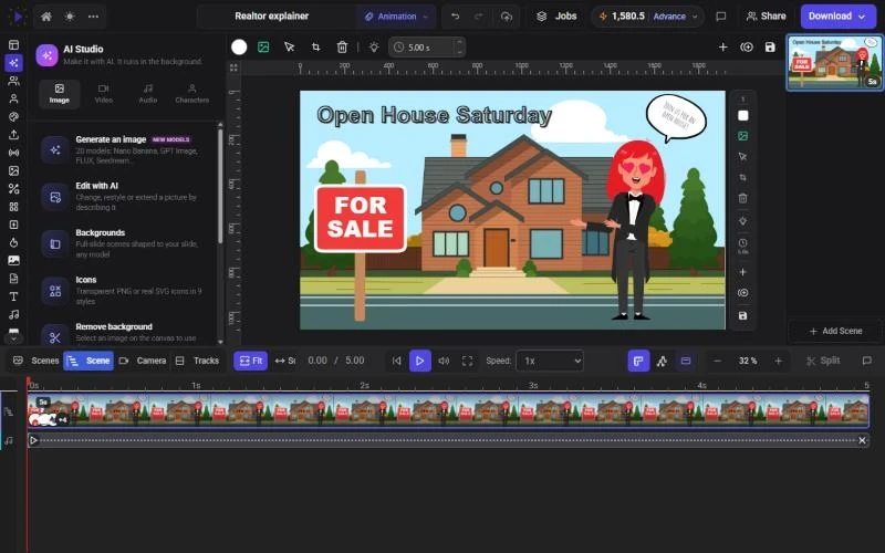 The Glintia editor with a real estate scene: a presenter character beside a house with a For Sale sign, the AI Studio panel on the left and the timeline below