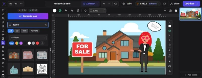 The Elements panel searching for house, with type, shape and color filters above a grid of house illustrations