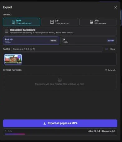 The Export panel with MP4, GIF and JPG formats, a Transparent background option, Full HD and 2K quality, page selection and an Export all pages as MP4 button