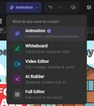 The mode switcher open in the editor header, listing the five editor modes