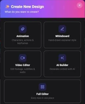 The What do you want to create? step listing Animation, Whiteboard, Video Editor, AI Builder and Full Editor