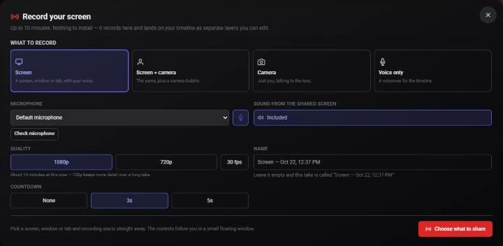 The Record your screen dialog with Screen, Screen + camera, Camera and Voice only options, microphone, 1080p or 720p quality and countdown settings