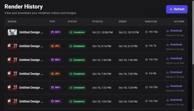The Render History page listing exports with their type, status, start and end times, duration and a Download link