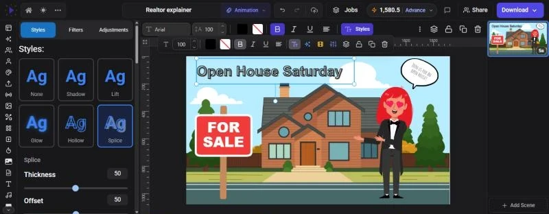 The text Styles panel with Shadow, Lift, Glow, Hollow and Splice; Splice is applied to the headline Open House Saturday