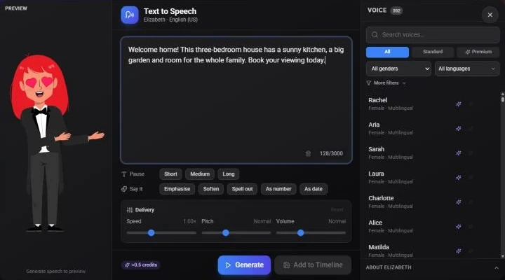 The Text to Speech editor with a short real estate script typed in, the voice picker, pause buttons and delivery controls